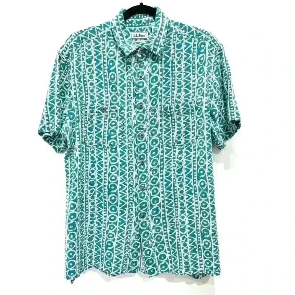 Vintage LL Bean Teal Cream Geometric Pattern Short Sleeve Button Down Shirt L